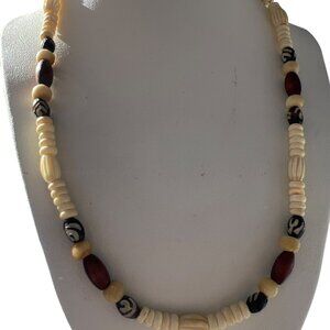 Vintage Carved Bead Necklace Wood Acrylic Tribal Silver Tone 18" Estate 15g
